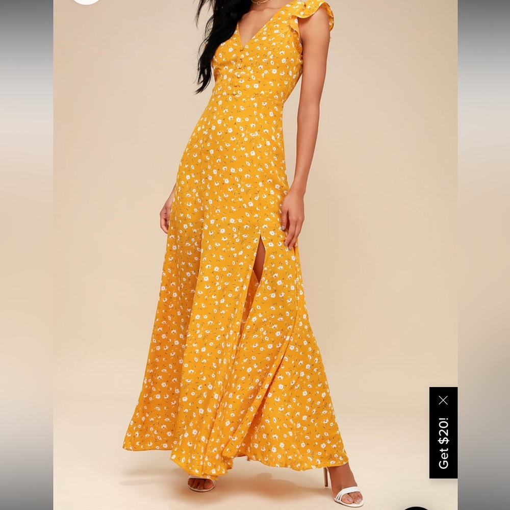 Lulu's Mustard Yellow Floral Print Backless Dress